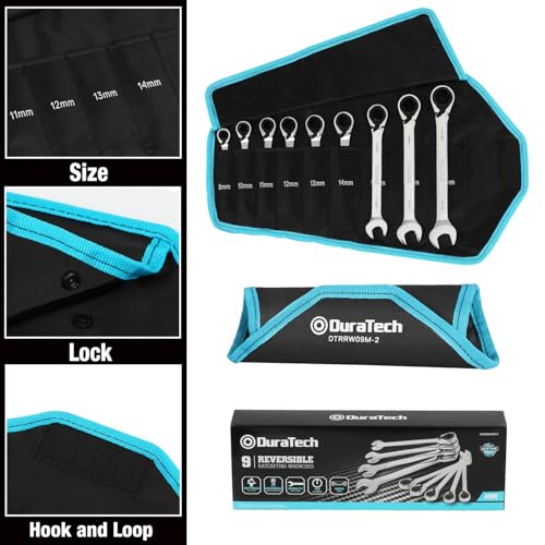 Image of DURATECH Reversible Ratcheting Combination Wrench Set, Metric, 9-Piece