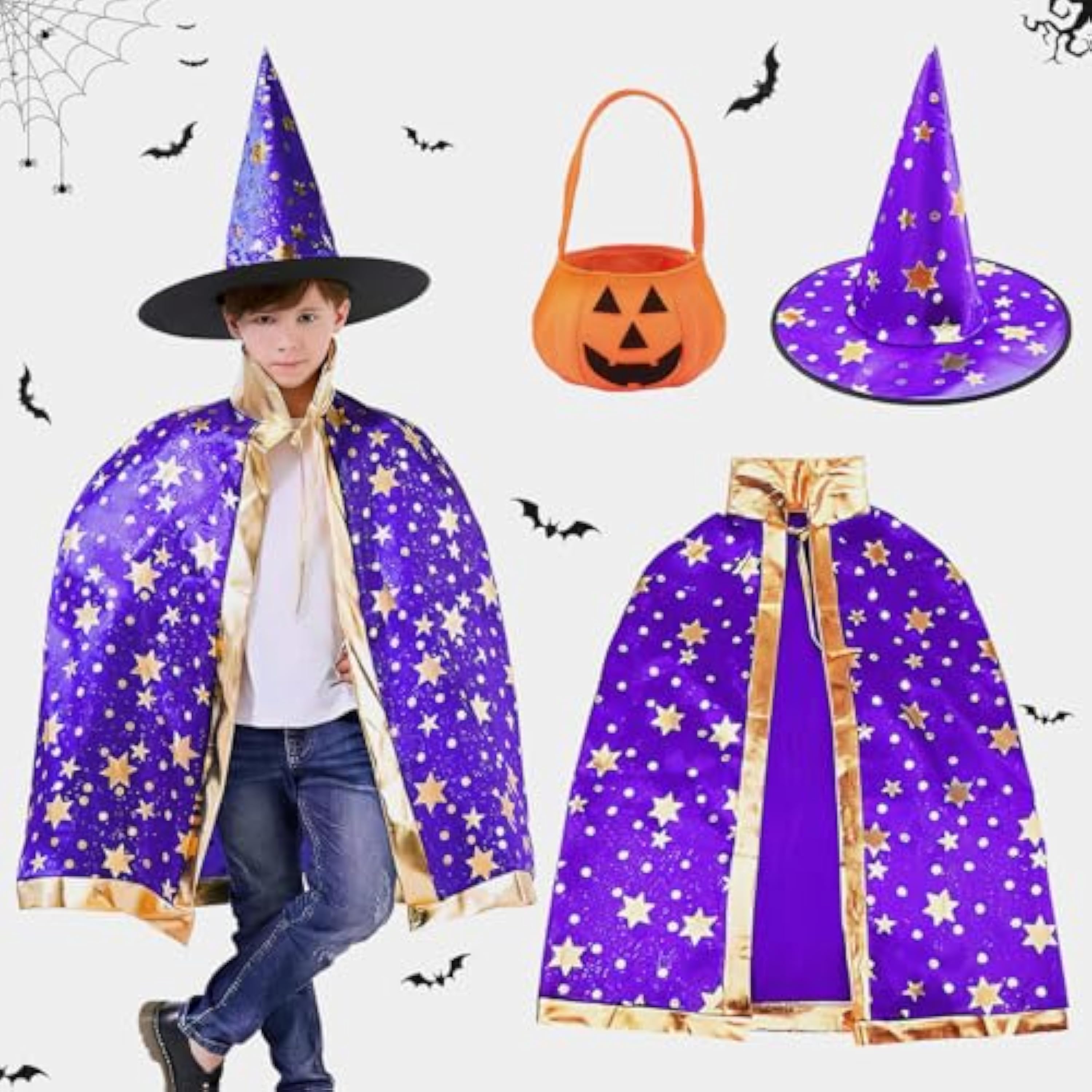 ACTOYS Capa de Brujas para Niños, Capa de Hechicero con Bolsa de Calabaza, Disfraz de Halloween Niño, Disfraz Brujo Niño, para Cosplay, Fiesta, Halloween Carnaval (Violeta)