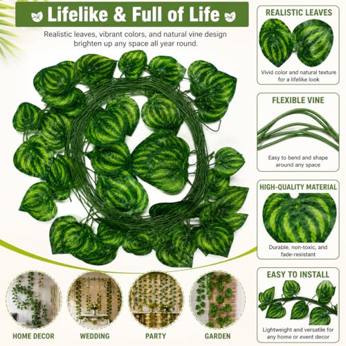 Image of Artificial Hanging Vine Garland 2.4m (Pack of 12) | Realistic Watermelon Leaf Creeper for Home, Balcony, Wall Decor, Wedding Decoration, Event Backdrop & Party Decoration