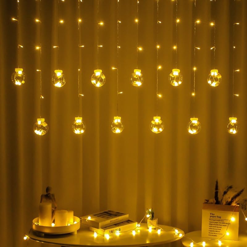 Image of One94Store 12 Wish Ball Curtain LED String Lights - Pack of 1, 3 Meter Warm White Curtain Light with 108 LEDs & 8 Flash Modes for Window, Room, Diwali & Festival Decoration