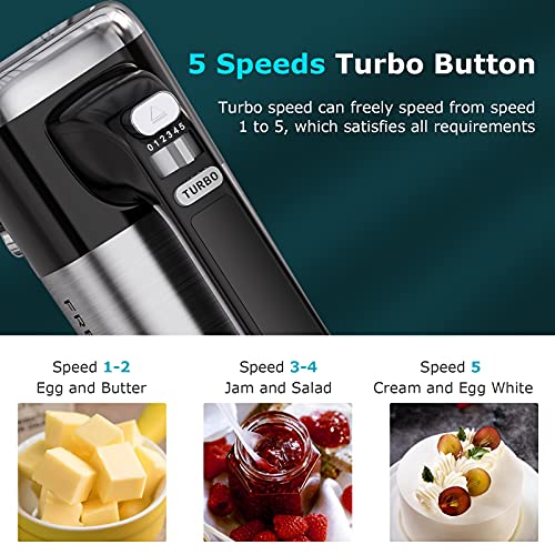 FRESKO Handrührer 400W, Handmixer mit 5 Stufen plus Turbostufe, 2 Rührbesen, 2 Edelstahl-Knethaken, spülma – Bild 3