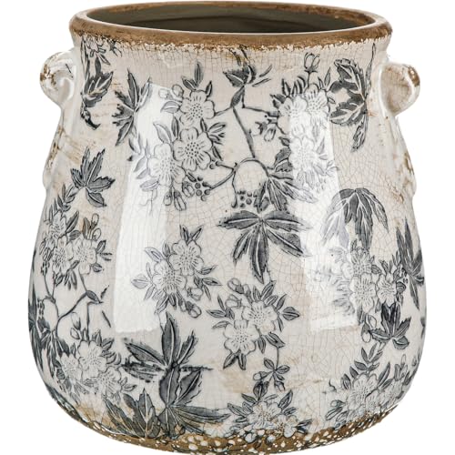 Ninehaoou Ceramic Scroll Planter 6.5 Inch Chinoiserie Floral Vase with Drainage Holes Vintage Flower Vase Flower Pot Rustic Ceramic Pots for Indoor Plants Garden Home Bookshelf Decor(Retro Gray)