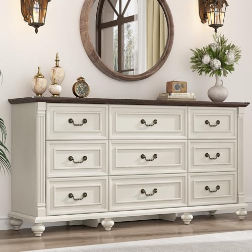 St.Mandyu Farmhouse 9 Drawer Dresser for Bedroom with 6 Gourd Feet and Roman Column Decor, 63in Wide Wood Country Rustic Chest of Drawers, Storage Dressers for Bedroom, Living Room, Rustic White