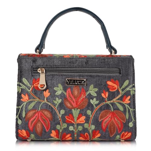Image of Floral Embroidered Crossbody Sling Bag with Top Handle, Vintage Style Canvas for Women