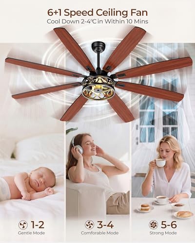 Image of Ceiling Fans with Lights and Remote, 72'' Vintage Caged Ceiling Fan with Light, 8 Blades, 6+1 Speed, Flush Mount Ceiling Fan Whisper-quiet for Farmhouse, Living Room, Kitchen and Porch (72 Inch)