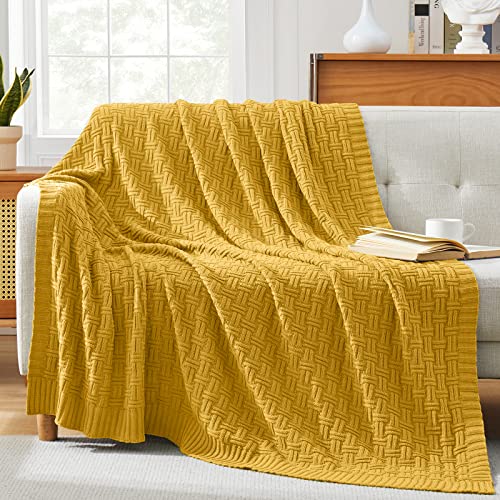 Image of TREELY 100% Cotton Knitted Throw Blanket 50 x 60 Inches, Mustard Yellow