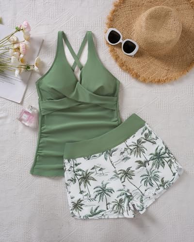 Women Green Palm Tree Tankini Swimsuits with Shorts - Two Piece Tummy Control Bathing Suits Top with Two Pockets Bottom Swimwear L