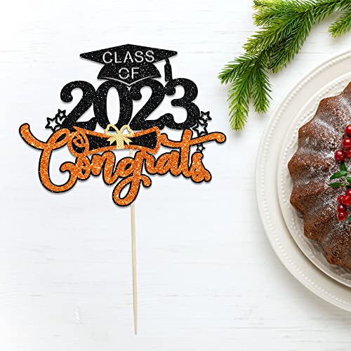 1Pc Class Of 2023 Cake Topper Glitter Congrats Grad Cap 2023 Graduation Cake Pick For 2023 Graduation Theme High School Boys Girls Graduate Party Cake Decorations Supplies Black Orange #TOP3