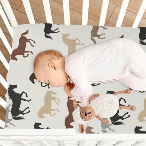 Image of Horses Beige Fitted Crib Sheet for Boys Girls Baby Mini Crib Sheets Fitted for Toddler Bed,52 X 28 in