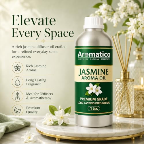 Image of AROMATICO Jasmine Diffuser Oil with Strong, Long-Lasting Aroma. Premium Aroma Oil for Homes, Offices & Showrooms. Aromatherapy, Diffusers, Air Purifiers, Vaporizers - 1 L(1000 ml)