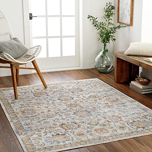 Surya Tapis Lavable en Machine Doha -Tapis Vintage de Salon, Salle à Manger, Cuisine-Tapis Traditionnel,Oriental, Style Bohème,Tapis Doux Poils Ras Grand 160x213cm, Gris, Or et Bleu, Lillian31365