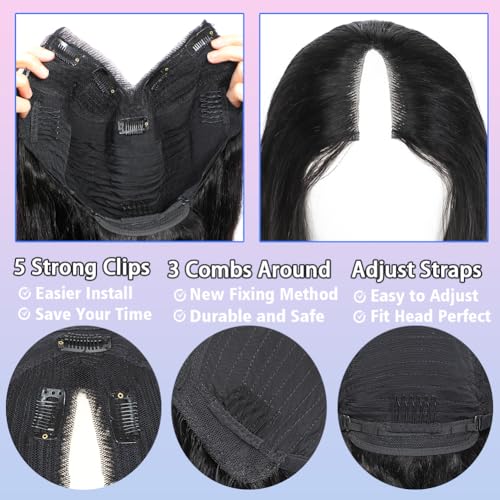 Image of V Part Wig Human Hair Body Wave Upgrade U Part Human Hair Wig 180 Density No Leave Out Glueless Clip In Half Wig Human Hair for Women Natural Black 30 Inch