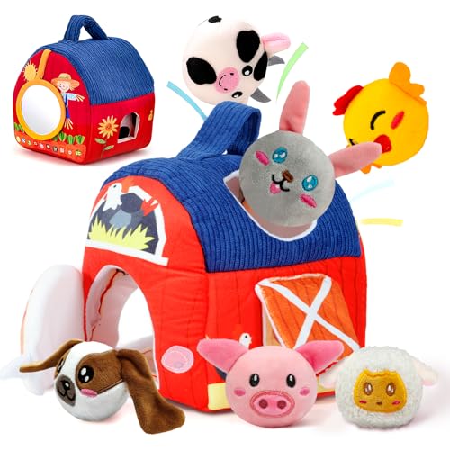 ZQEJEFD Gioco Montessori Fattoria per Bambini 6–12 Mesi, Casa in Stoffa con 6 Animali Peluche Sensoriali & Sonagli, Giocattoli Educativi 1–3 Anni, attività Sensoriale Neonato,Idea Regalo Bimbo/Bimba