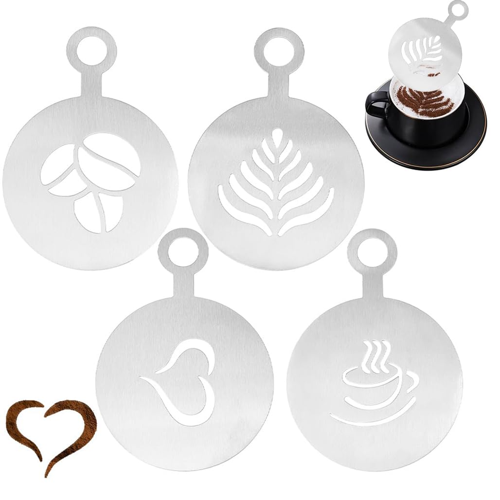 Goodern 4 Pcs Coffee Stencils,Stainless Steel Coffee Decorating Mold,Various Patterns Cake Stencil Milk Tea Printing Mold Foam Templates for Dessert DIY Barista Tool Coffee Shop and Home Use-Silver