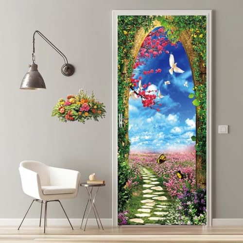 Vinilos Puertas 3D Arco Pradera Pegatinas Decorativas de Puerta Pegatina Pared Murales Adhesivo para Puerta para Interiores Sala de Estar Dormitorio Bano Oficina Decoración del Hogar 95X215cm -MT2318