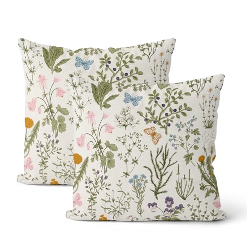DAFENA Sage Green Pillow Covers 20x20 Inch 2 Pcs Spring Green Wild Flower Decor Throw Pillows Vintage Floral Botanical Seasonal Summer Outdoor Decoration Pillowcase Linen Cushion Cover for Couch Sofa