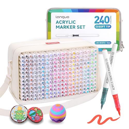 languo 240 Colours Acrylic Paint Markers Soft Brush Tip Marker Pens Set with Marker Bag Acrylic Paint Pens for Fabric Wood Stone Canvas Glass Egg Rock Painting DIY Crafts and Art Supplies