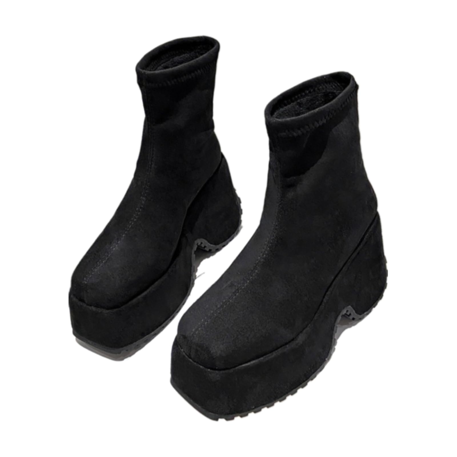 Womens Retro Square Toe Platform Boots 10CM Wedge Elevated Ankle Booties Elastic Mid-Calf Thick Sole Shoes for Street