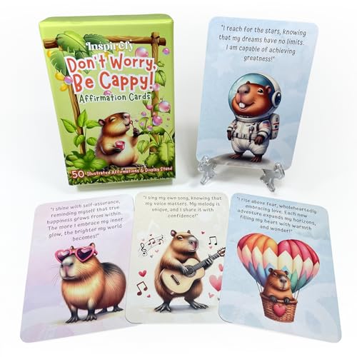 Don’t Worry, Be Cappy! - 50 Beautifully Illustrated Positive Affirmations for Happiness, Confidence & Mindfulness - Premium Deck with Display Stand - Self Care & Meditation Gift for Capybara Lovers!