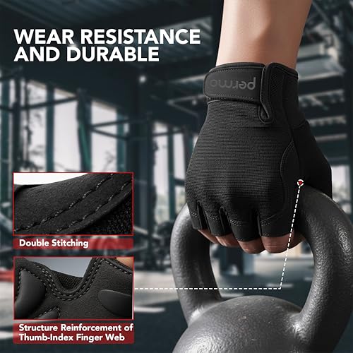 Image of permo Gym Gloves with Wrist Support, Pro Padded Palm Weight Lifting Gloves, Cycling, Anti-Slip Gym Gloves for Exercise, Powerlifting, Cross Training, Workout, Best for Men & Women, Black