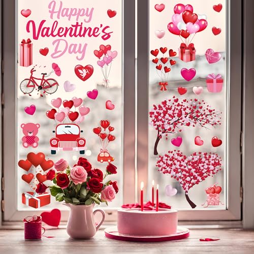 Image of 152PCS Valentine Window Clings, 11.8 x 7.8 Inches Heart-Shaped Window Decals, 9 SheetsRomantic Valentines Decorations, Double-Sided Heart Window Stickers for Anniversary, Party Holiday Decor