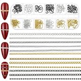 JJUNW 12 Pcs Strips Nail Chain Charms, Metal Nail-Art Chains, Line Nail Charms 3D Gold Silver Gray Nails Chains with Box for Manicure Decoration DIY