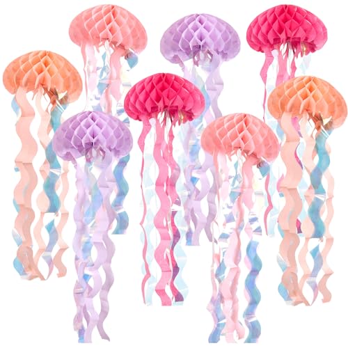 OBBOLO Under The sea Party Decorations 8 Pcs Pink Jellyfish Honeycomb Decorations for Mermaid Birthday Decorations Pink Purple Paper Hanging Jellyfish Decorations for Ocean Themed Birthday Party