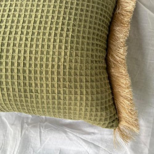 Image of Cotton Cushion Covers 16x16 Inch | Handwoven Olive Green Decorative Square Cushion Case with Fringe | Sofa, Living Room, Bedroom, Diwan Home Decor Throw Cushion Cover