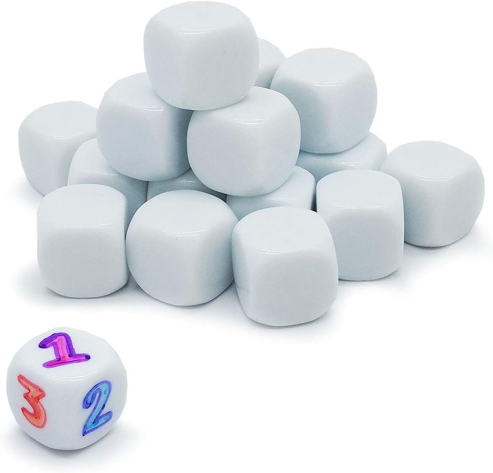 20MM Blank White Dice for Board Games, Teaching and DIY. Write and Draw by Yourself. Pack of 18