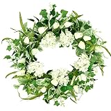 AMF0RESJ 20" Artificial Spring Wreath Summer Wreath Tulip Wreath with Ivy Leaves, White Tulips, Hydr