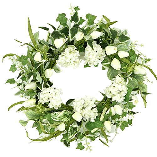 Amf0Resj 20" Artificial Spring Wreath Summer Wreath Tulip Wreath With Ivy Leaves, White Tulips, Hydrangeas, Tassel, A Variety Of Green Leaves For Front Door Indoor Outdoor Farmhouse Home Decor #TOP13