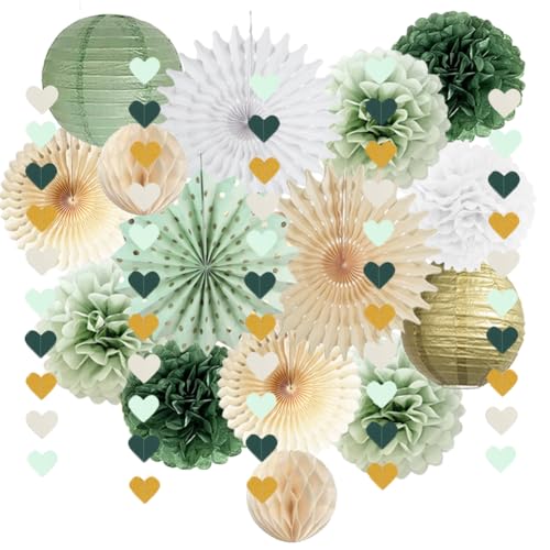 Sage Green Party Decorations Sage Green White Gold Party Decorations Paper Pom Poms Paper Fans Lanterns Sage Beige Gold Love Heart Garland for Birthday Baby Shower Wedding Bridal Shower Party Decor