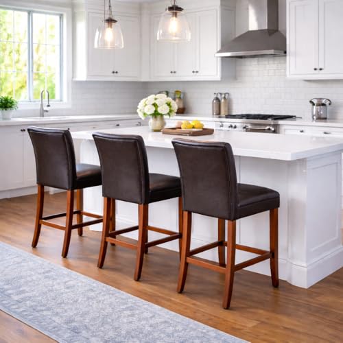 Image of Homepop Home Decor | Classic Counter Height Bar Stools | Faux Leather 24 Inch Bar Stools | Decorative Home Furniture (Brown Faux)