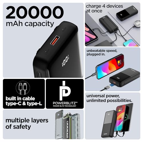Image of Dubstep PowerBlitz X5 20000mAh 22.5W Power Bank, Built-in Type-C & Lightning Cables, 4 Outputs, LED Display, Quick Charge 3.0, PD Fast Charging (Black)