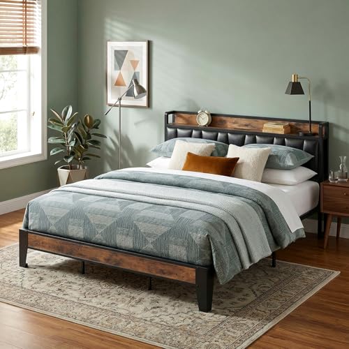 Image of LIKIMIO California King Bed Frame, Storage Headboard with Charging Station, Solid and Stable, Noise Free, No Box Spring Needed, Easy Assembly (Vintage and Black)