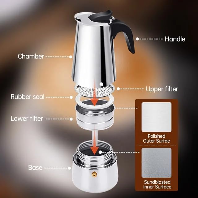 Solazzia Coffee Maker 4 Cup Moka Pot Stainless Steel Percolator coffee pot Espresso Maker, Compatible with Gas, Electric, Ceramic, and Induction stovetops(6.6 fl oz/200 ml) - Image 3
