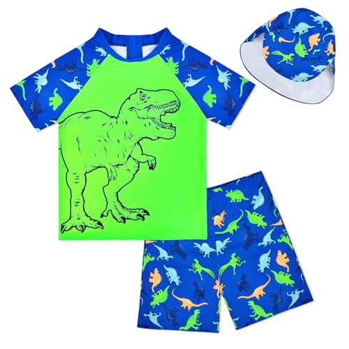 Image of Boys Two Piece Rash Guard Swimsuits Kids Short Sleeve Swimwear Sets Bathing Suit with Sun Hat for 2-6 Years