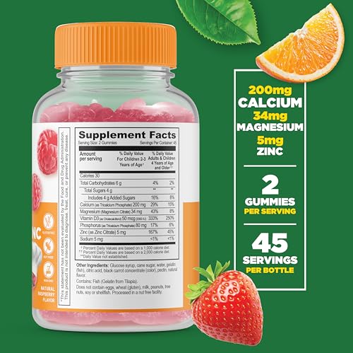 Lifeable Calcium, Magnesium, Zinc and Vitamin D Gummies - Great Tasting Natural Flavor Vitamin Supplements - Gluten Free GMO Free Chewable - for Bone Health Support - for Kids Teens - 90 Gummies