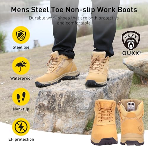 OUXX Mens Work Boots, Side Zipper, Steel Toe Shoes, Anti-Slip Rubber Sole, Puncture-Proof(OX2518)2