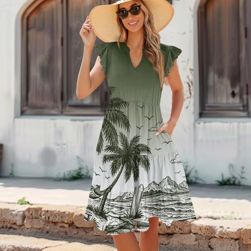 Image of Women's Casual Ruffle Sleeve Dress V Neck Pullover Dress Flowy A-Line Pleated Lightweight Dress with Pockets