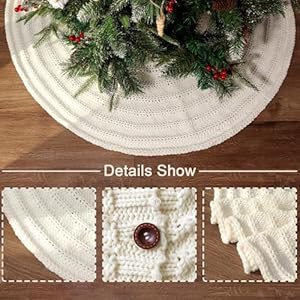 LimBridge Knitted Christmas Tree Skirt Handmade 36 Inch Cream 12 Circle Chunky Crochet Tree Skirt with Round Wood Buttons Annual Rings Christmas Tree Decorations for Merry Christmas Home Decor Party