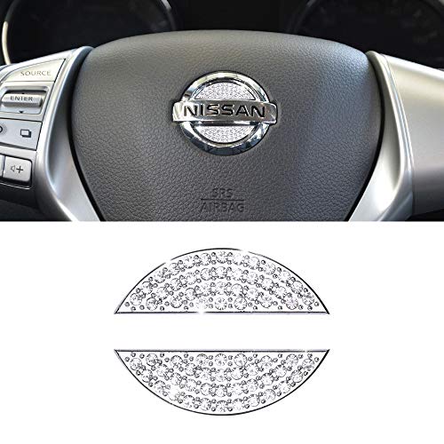 CARFIB Car Interior Bling Accessories for Nissan Rogue Altima Maxima Sentra Titan Versa Steering Wheel Emblem Logo Decals Stickers Covers Parts Decoration Men Women Zinc Alloy Crystal Silver 2 Pack