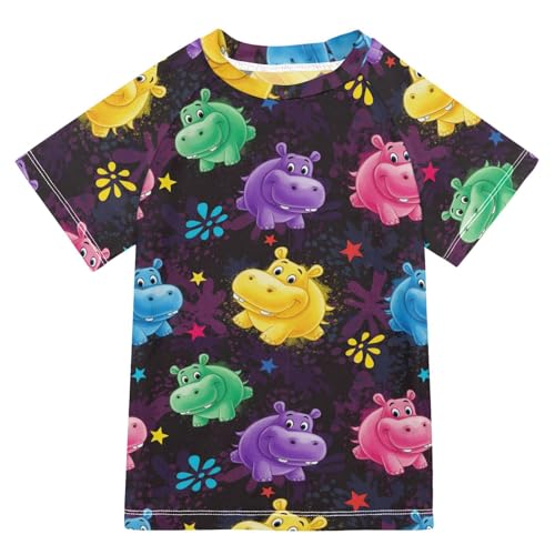 Boys Rash Guard Short Sleeve UPF 50+ Colorful Hippo Pattern Design Quick Dry Swim Shirts Swimwear for 3-12Y