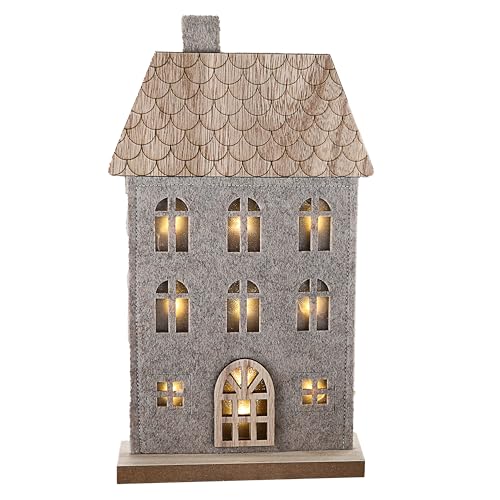 Cepewa LED Haus auf Holzfuss | Polyesterfilz MDF 17x30x5cm 9 LEDs batteriebetrieben | Leuchthaus mit Timerfunktion