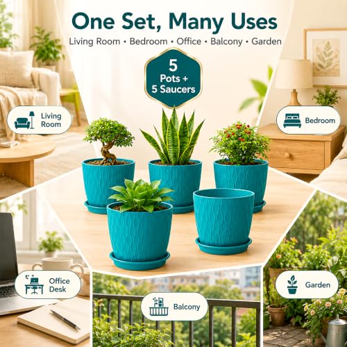 Image of SWAPKART (Pack of 5 6 Inch Plastic Flower Pots for Indoor & Outdoor Terrace,Garden Plants Decorative Planters with Drainage Holes & Matching Saucers Durable & Lightweight (Peacock)