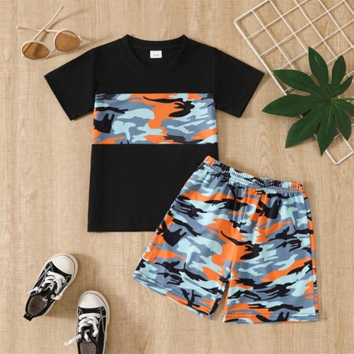Image of 4-8T Toddler Boys 2-Piece Summer Casual Outfit Striped Print Short Sleeve T-Shirt & Shorts Set