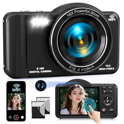 Digital Camera, 4K WiFi 75MP Compact Camera with Touchscreen 16X Zoom, Autofocus Vlogging Travel Camera, 32GB SD Card for Teens Boys Girls Beginners (Black)