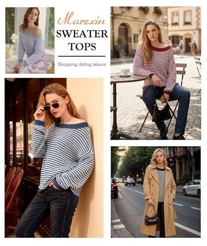 Image of MARZXIN Women's 2026 Fall Long Sleeve Sweaters Casual Loose Striped Off Shoulder Casual Oversized Knitted Sweater Pullovers
