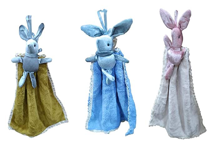 NEERAK Hand Towels, Cute Cartoon (Rabbit) Kitchen Hanging, with Loops, Bathroom, Quick Dry Hand Bath Towel, Soft Absorbent Microfiber Multicolor (Pack of 3)