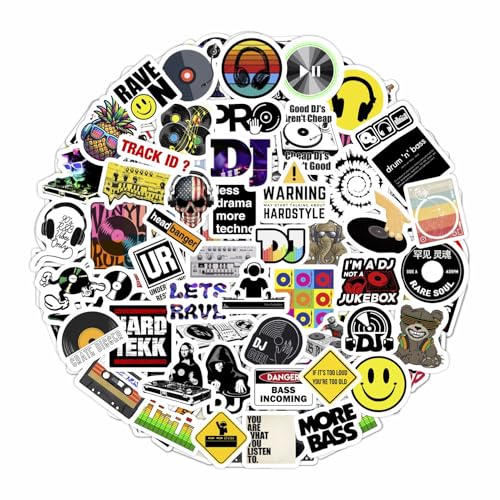 BulbaCraft 100Pcs DJ Stickers for Water Bottle and Laptop - DJ Party Favors & Decorations Waterproof Vinyl Decals Music and Turntable Stickers Gifts for Women & Men